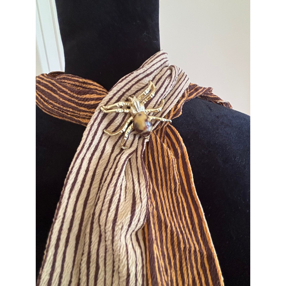 Vintage Brown Gold Stripe Silk Scarf with Spider Brooch Accent